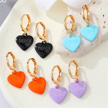 Gold Tone Love Heart Charm Huggie Drop Earrings in Six Colors