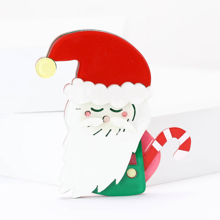 Acrylic Santa Claus Brooch Red Hat Candy Cane Multicolor Pin