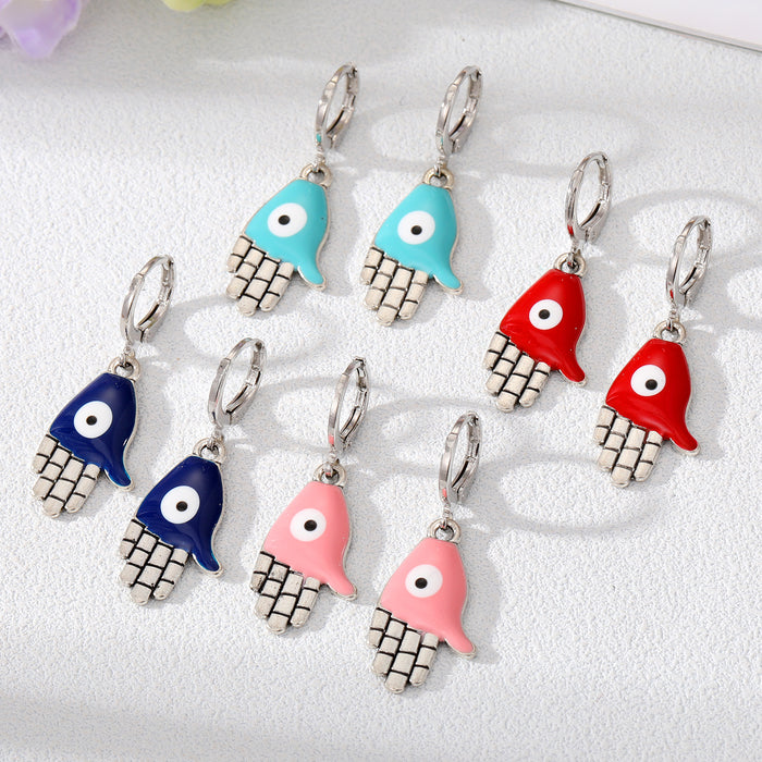 Silver Tone Colorful Enamel Hamsa Evil Eye Huggie Earrings