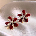 Red Velvet Petal and Crystal Flower Stud Earrings Jewelry Design view 3
