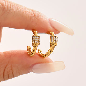 Twisted Rope C Hoop Earrings Gold Steel Zircon Cube Pave