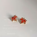 Gold Tone Red Orange Faceted Stone Maple Leaf Stud Earrings view 4