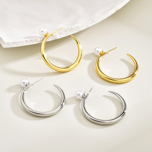 Pearl Look Ball Open C Hoop Stud Earrings In Two Sizes