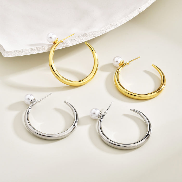 Pearl Look Ball Open C Hoop Stud Earrings In Two Sizes