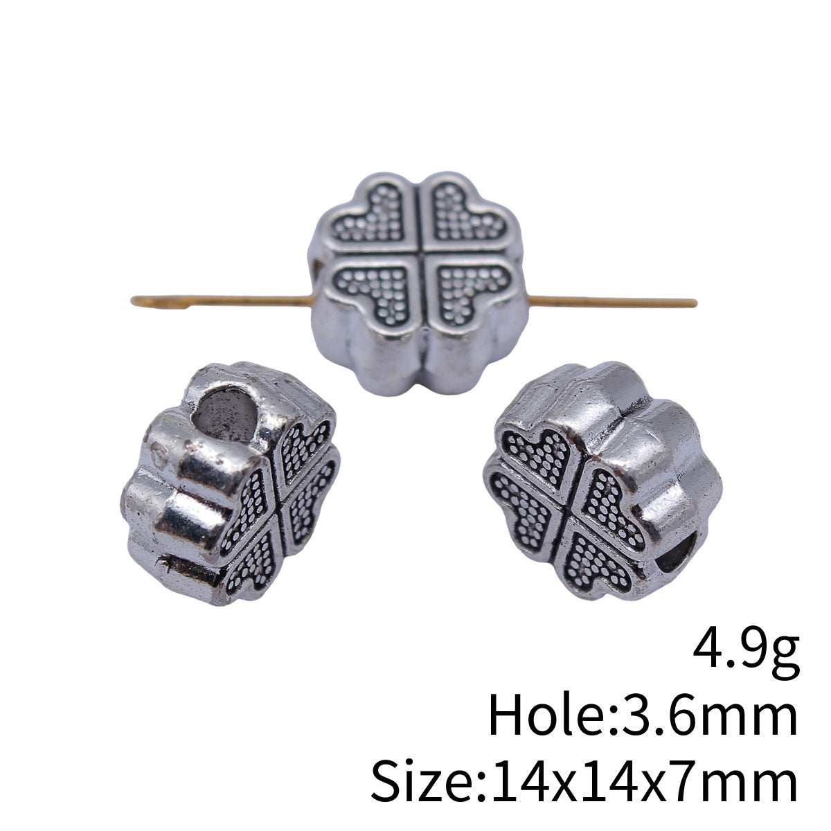 14x14x7mm 4.9g Antique Silver Zinc Alloy Four Leaf Clover Large Hole Beads for DIY Bracelet Making