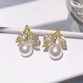 Faux Pearl Leaf Stud Earrings Gold Tone and Silver Tone view 2