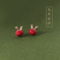 Red Glaze Bunny Head Stud Earrings Rose Gold Ear Accents view 1