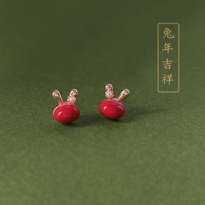 Red Glaze Bunny Head Stud Earrings Rose Gold Ear Accents