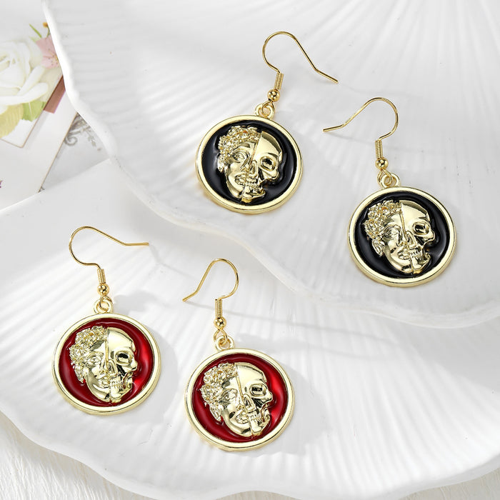 Gold Tone Red or Black Skull Portrait Disc Drop Earrings