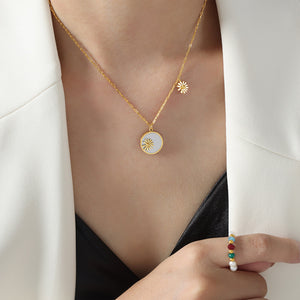 Gold Paperclip Chain Necklace Round Shell Flower Disc Pendant