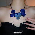 Blue Trillium Petal Statement Necklace Brown Cord Double Strand view 3