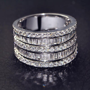 White Gold Five Row Baguette Round Pave Wide Band Sizes 6-10