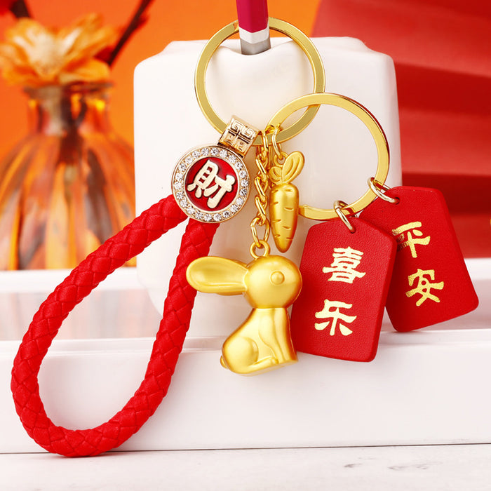 Gold Rabbit and Carrot Keychains with Nine Braided Loops and One Plain Style