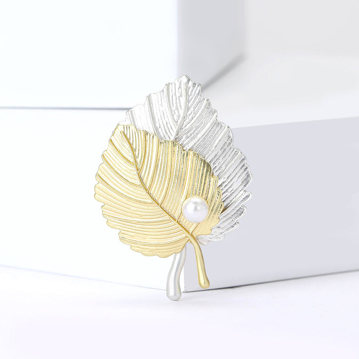 Two Tone Matte Gold Silver Leaf Brooch Pearl Accent Pin