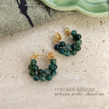 Gold Tone Dark Green Beaded Small Hoop Drop Earrings view 3