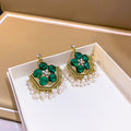 Gold Tone Fan Drop Earrings Red Green Gems Pearl Fringe view 2