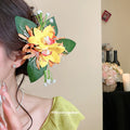 Fabric Orchid Leaf Duckbill Hair Clips Red And Yellow view 3