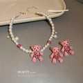 Pink Crystal Teddy Bear Earrings and Pearl Bear Necklace view 1