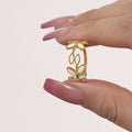 Leaf Branch Open Ring White Enamel Gold Steel Adjustable Band view 4