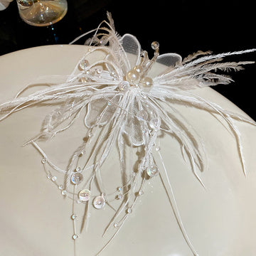 White Feather And Sheer Butterfly Duckbill Hair Clip With Pearls