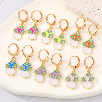 Gold Tone Enamel Flower Mushroom Huggie Drop Earrings in Six Colors
