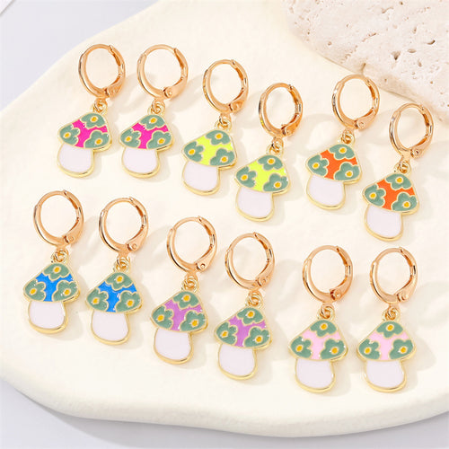 Main product view of gold Tone Enamel Flower Mushroom Huggie Drop Earrings in Six Colors