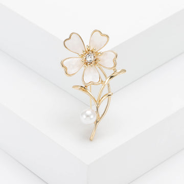 Mother of Pearl Flower Brooch Pearl Drop Stem Pin Metal Pin