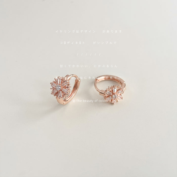 Rose Gold Snowflake Crystal Huggie Hoop Earrings Pair