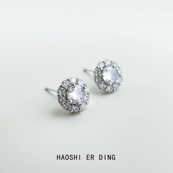 Silver Round Halo Crystal Stud Earrings Clear Center