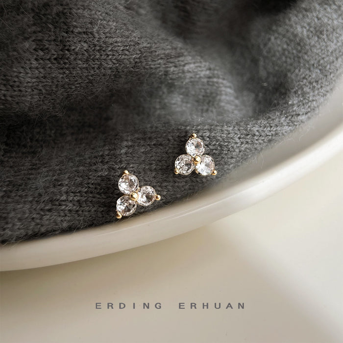Gold-Tone Mini Three Clear Stone Triangle Cluster Stud Earrings