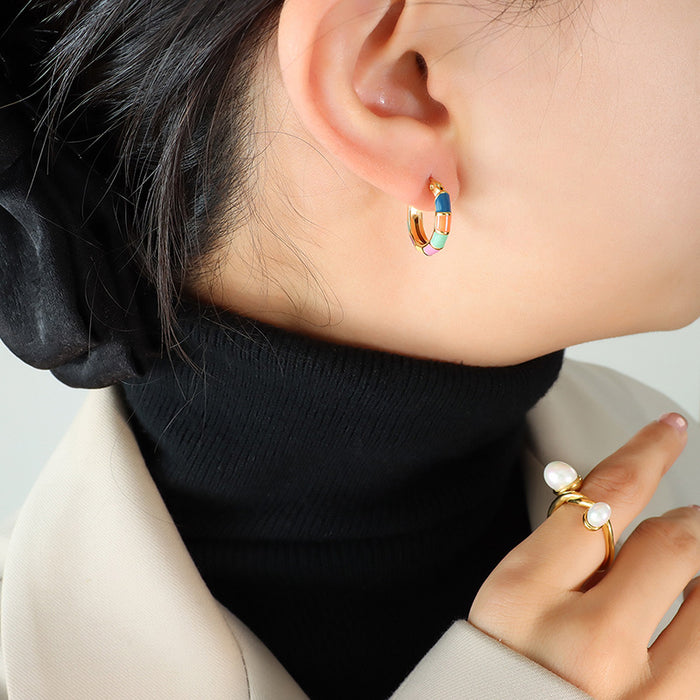 Gold Multicolor Enamel Segment Hoop Huggie Earrings