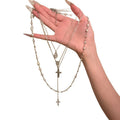 Silver Tone Layered Pearl Necklace With Cross And Crystal Charms view 5