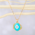 Gold Tone Ornate Round Evil Eye Pendant Necklaces in Six Colors view 10