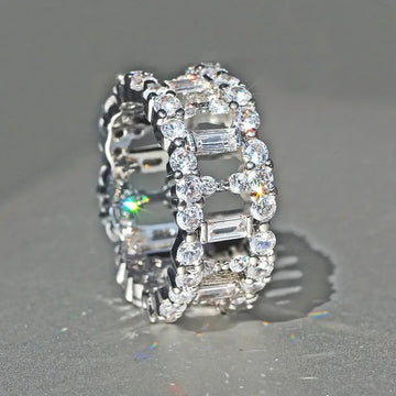 Silver Tone Baguette Crystal Wide Band Ring Polished Metal Jewelry