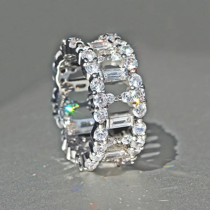 Silver Tone Baguette Crystal Wide Band Ring Polished Metal Jewelry