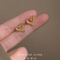 Gold Open Heart Stud Earrings Lace Scalloped Filigree Mini view 2