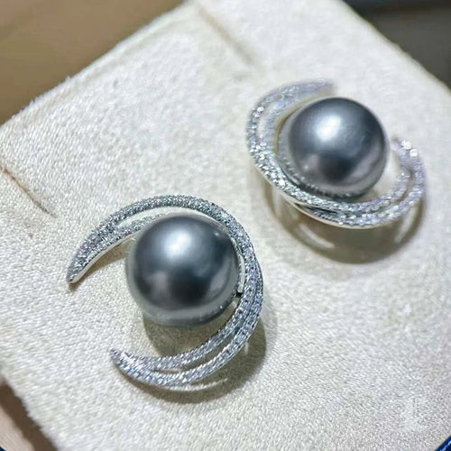 Alternate angle gray pearl double crescent crystal stud pair