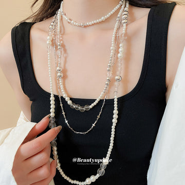 Layered Silver Tone Cross and Pearl Necklace with Mixed Chains