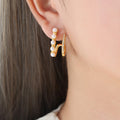 J Shape Pearl Rhinestone Dual Curve Earrings Gold Steel view 7