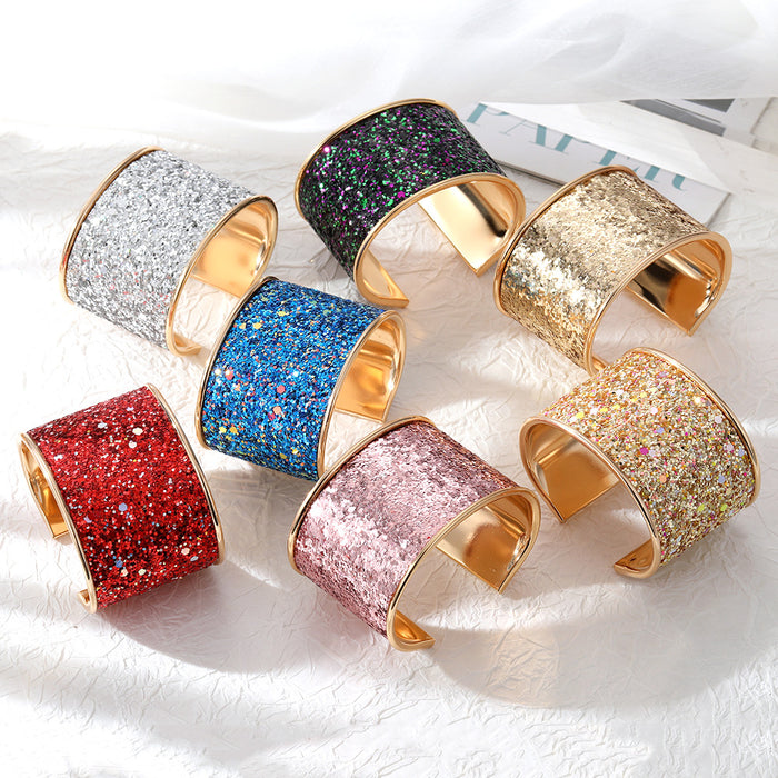 Gold Tone Wide Glitter Adjustable Cuff Bracelets with Bordered Edges
