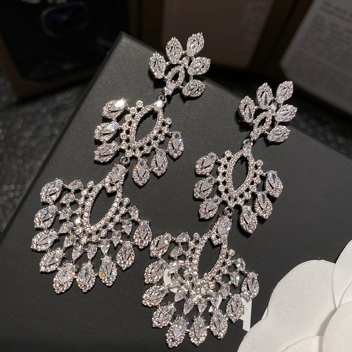 Silver Tone Crystal Floral Chandelier Earrings With Open Drops