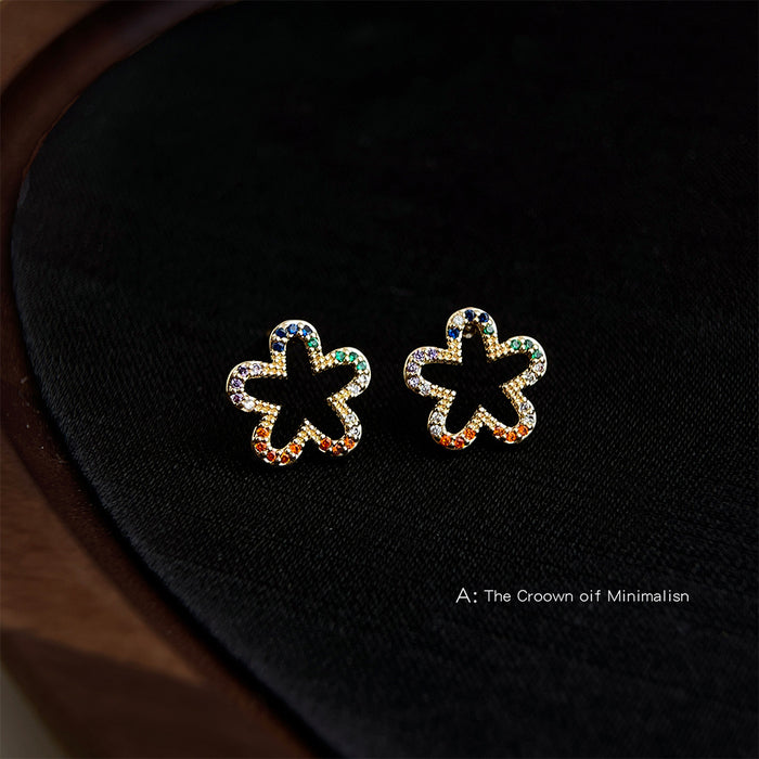 Gold Open Flower Stud Earrings Multicolor Pavé Zircon