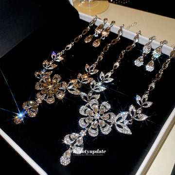 Silver Flower Crystal Necklace Drop Earrings Two Sets