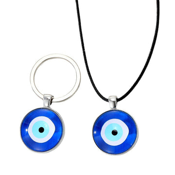 Round Blue Evil Eye Cord Necklace and Split Ring Keychain