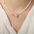 White Pearl Strand Necklace Gold Flower Pavé Clasp Metal view 6