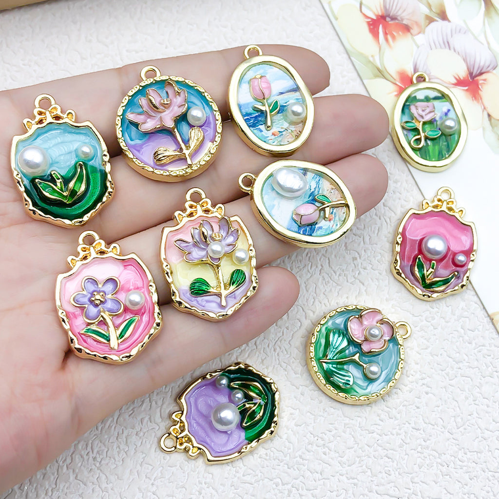 Zinc Alloy Enamel Monet Garden Oil Painting Flower Charm Pendant for DIY Jewelry