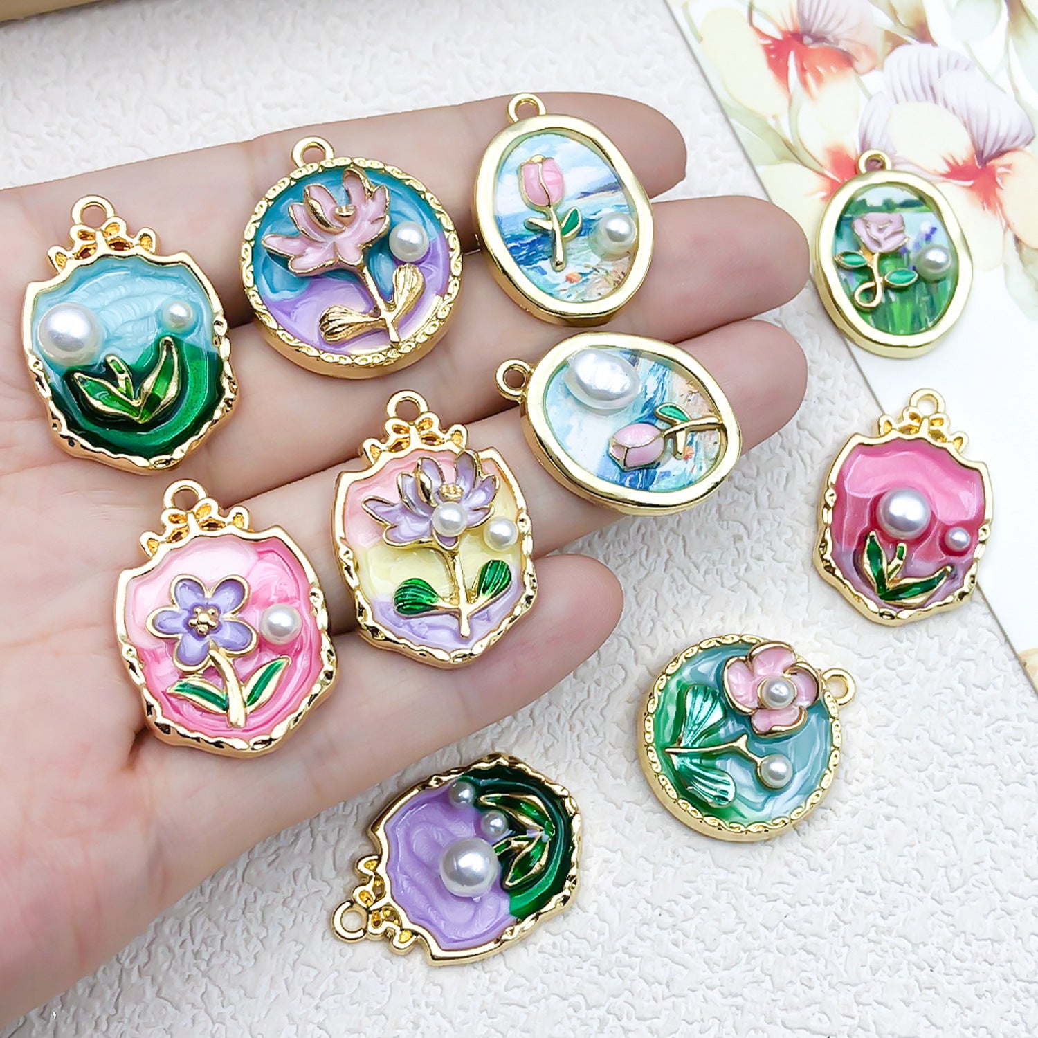 Zinc Alloy Enamel Monet Garden Oil Painting Flower Charm Pendant for DIY Jewelry