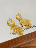 Gold Tone Layered Leaf Hoop Drop Earrings With Clear Crystals view 6