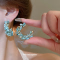 Blue Beaded Crescent Hoop Stud Earrings in Gold Tone view 2