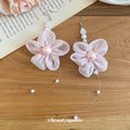 Pink Fabric Flower Dangle Earrings With Pearl Like Beads view 4